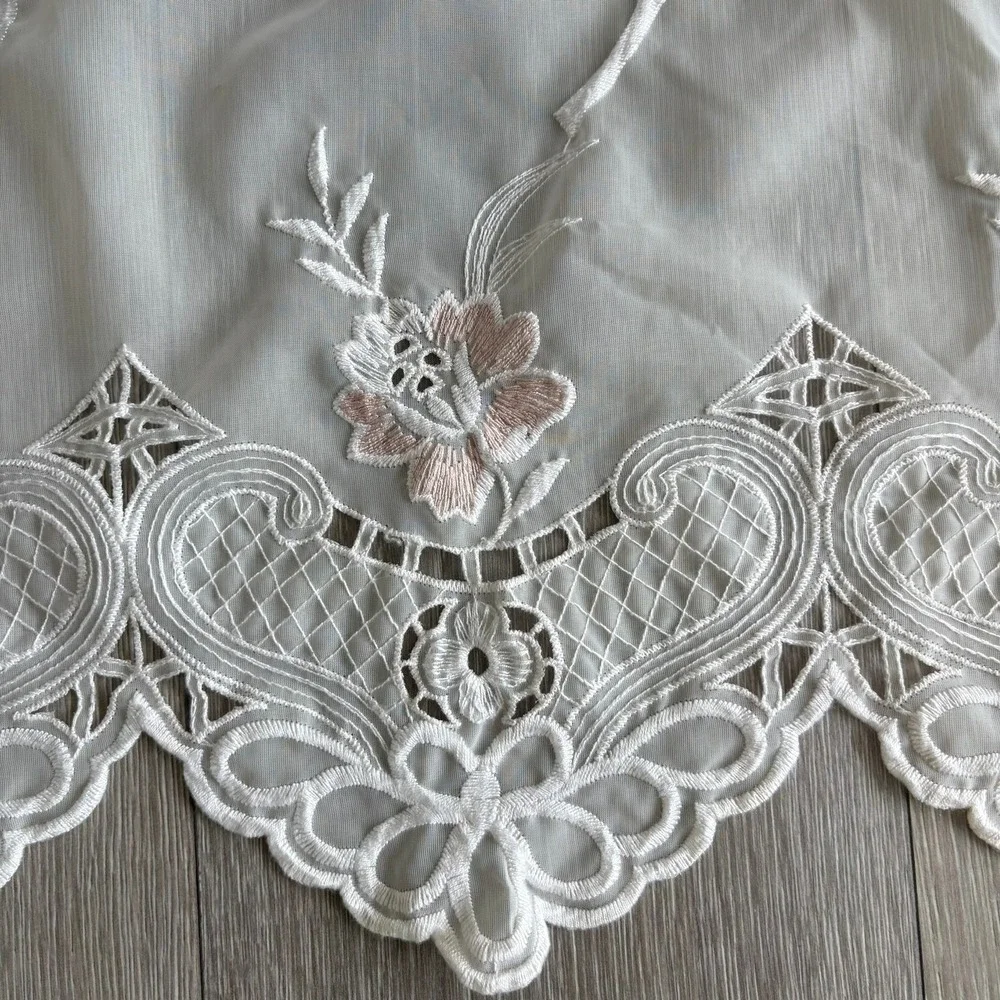 Vintage Floral Embroidered Sheer Fairy Curtain Panel Ivory Pink Lace Trim 71x56